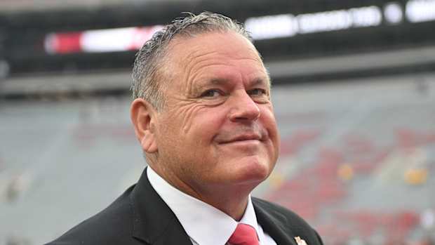Razorbacks coach Sam Pittman walking Bryant-Denny Stadium before matchup with Alabama.